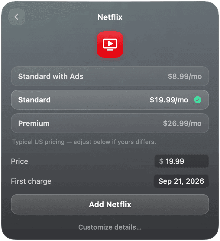 Choosing a Netflix plan tier — Standard with Ads, Standard or Premium — and confirming the first charge date