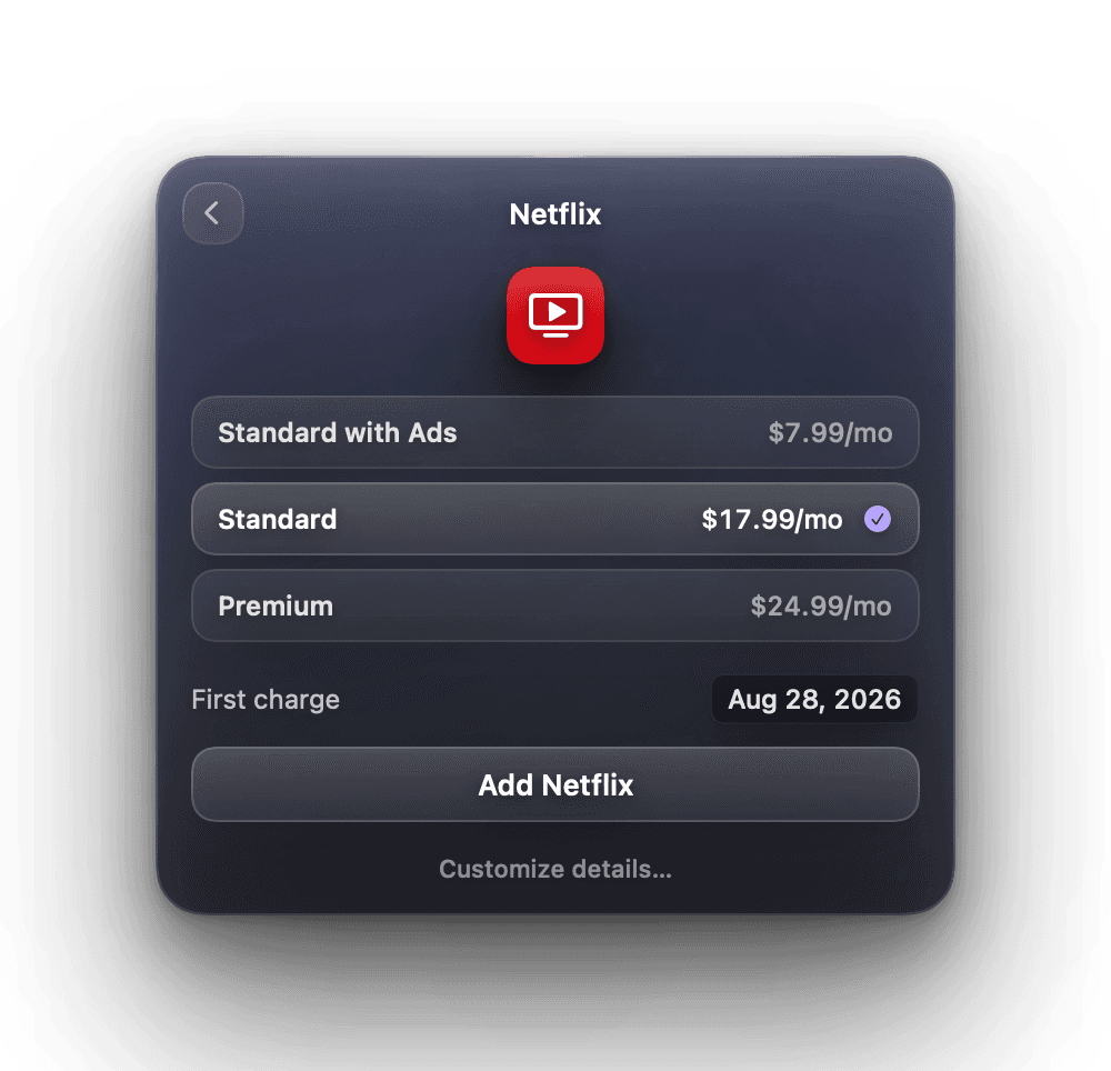 Choosing a Netflix plan tier — Standard with Ads, Standard or Premium — and confirming the first charge date