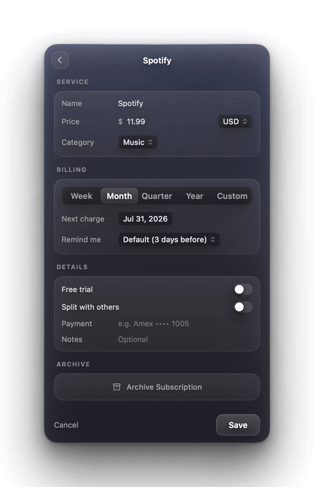 A subscription detail sheet for Spotify with price, billing cycle, next charge, reminder timing, free trial and split-with-others toggles