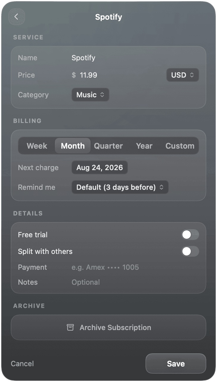 A subscription detail sheet for Spotify with price, billing cycle, next charge, reminder timing, free trial and split-with-others toggles