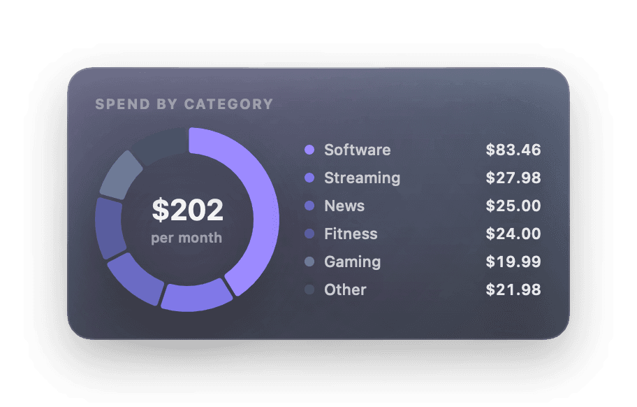 Spend by category: a donut chart totalling $202 per month across Software, Streaming, News, Fitness, Gaming and Other