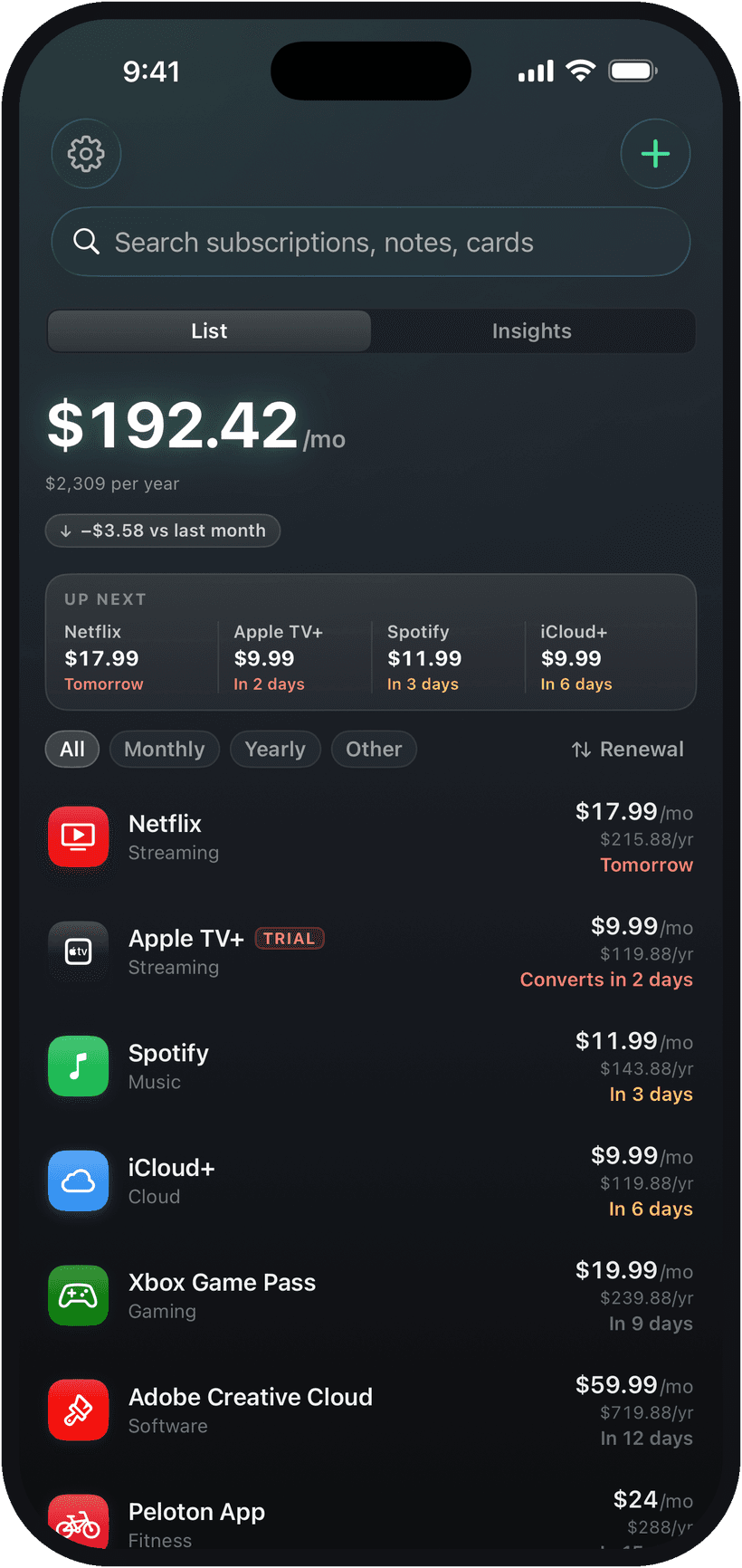 The same list on iPhone: the monthly total, the next renewals, and every subscription with its renewal date