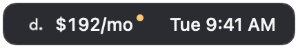 The Duesday menu bar item reading $192 per month with an amber dot beside Tue 9:41 AM